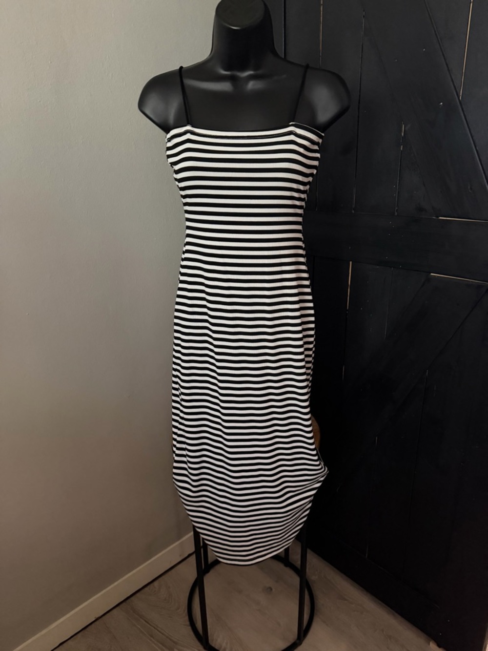 SHEIN Black & White Striped Spaghetti Strap Midi Dress